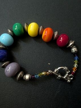 Artisan Lampwork Rainbow Glass Bead Toggle Bracelet Silver Spacer Accents
